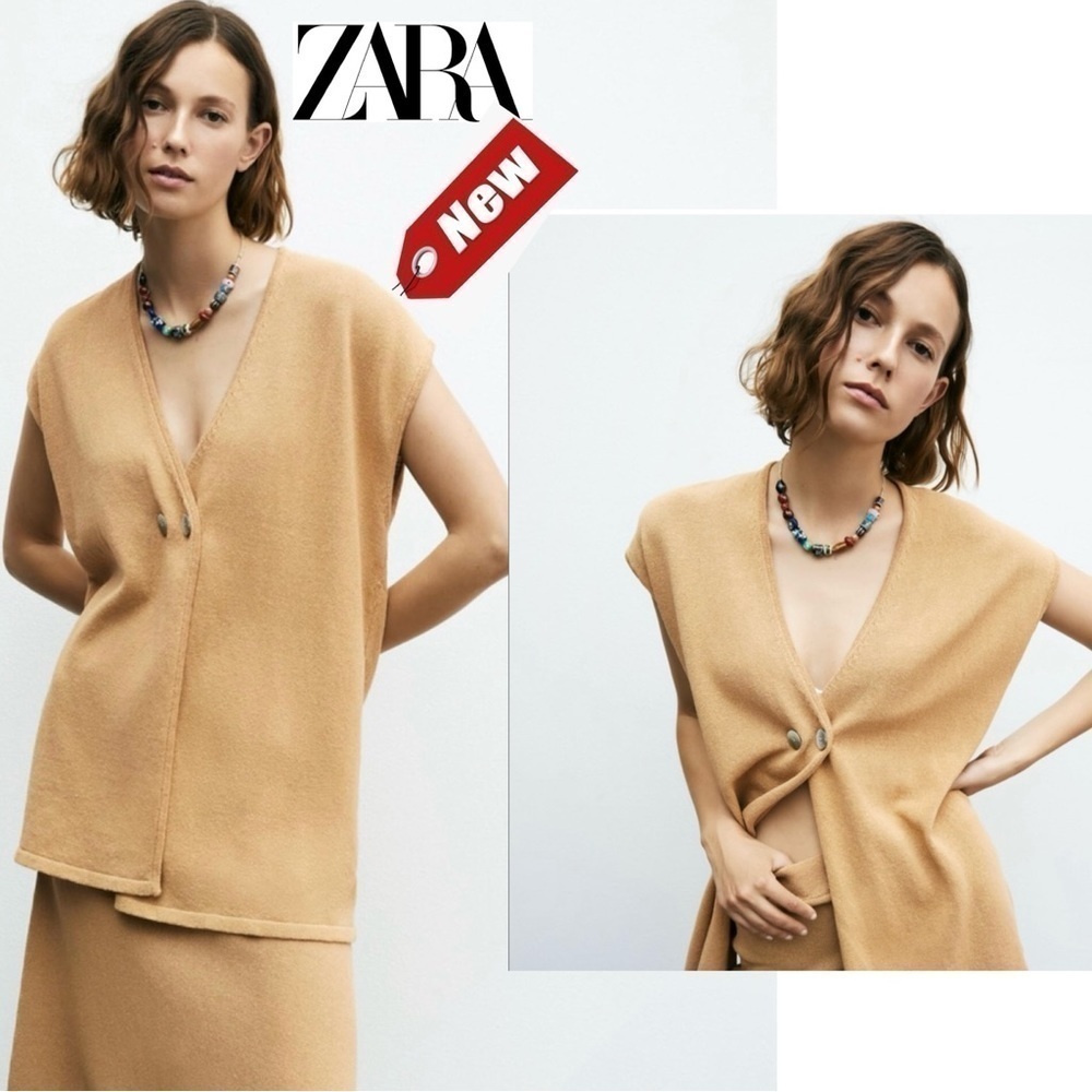 ZARA Camel Tan Brown Longline Rustic Knit Sleeveless Cardigan Vest Sz M-L NWT